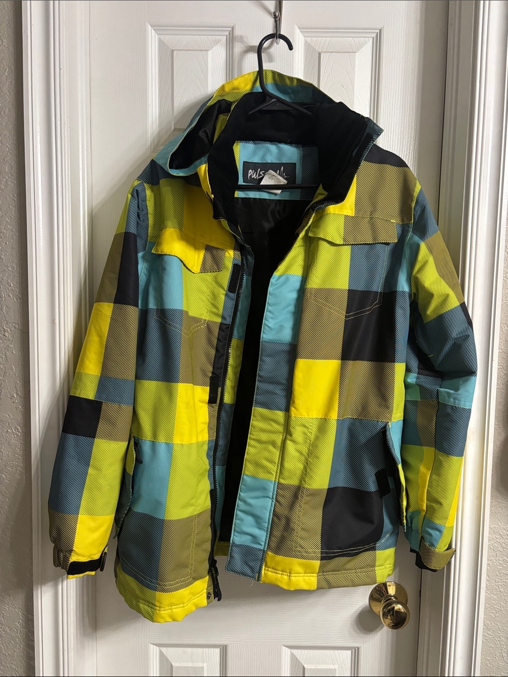 Pulsar Yellow & Blue Plaid Kids Puffer Jacket